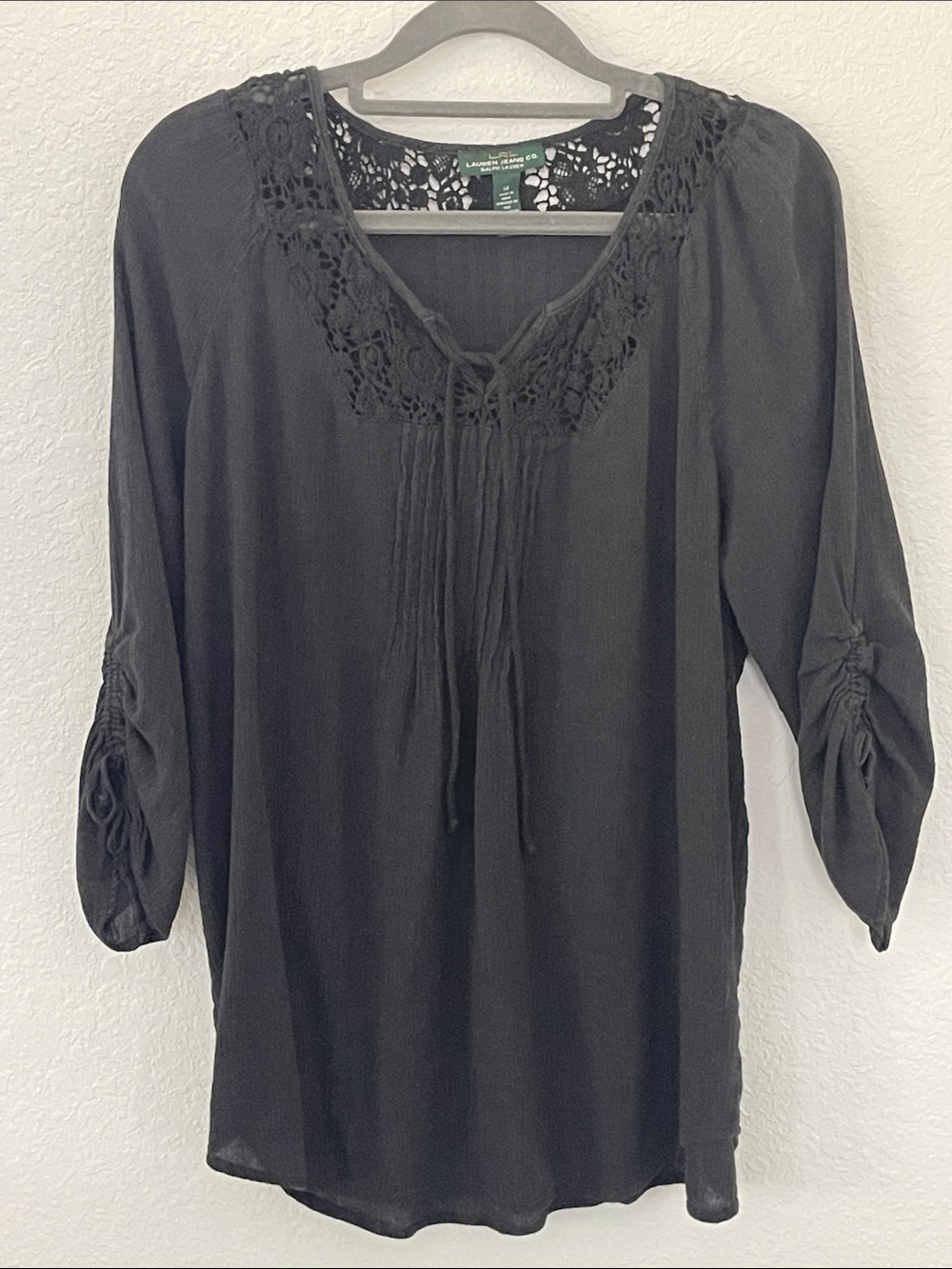 Lauren Ralph Lauren Black Crochet Lace Boho Tunic Blouse M